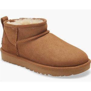 UGG Ultra Mini Classic Boot Size 10 Leather Suede Chestnut Shearling